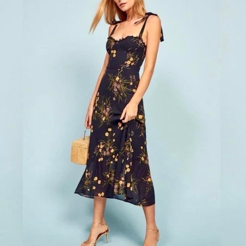 Reformation Floral Tie-Strap Midi Dress Navy Yellow Rose Nikita Size 0 - Picture 3 of 9